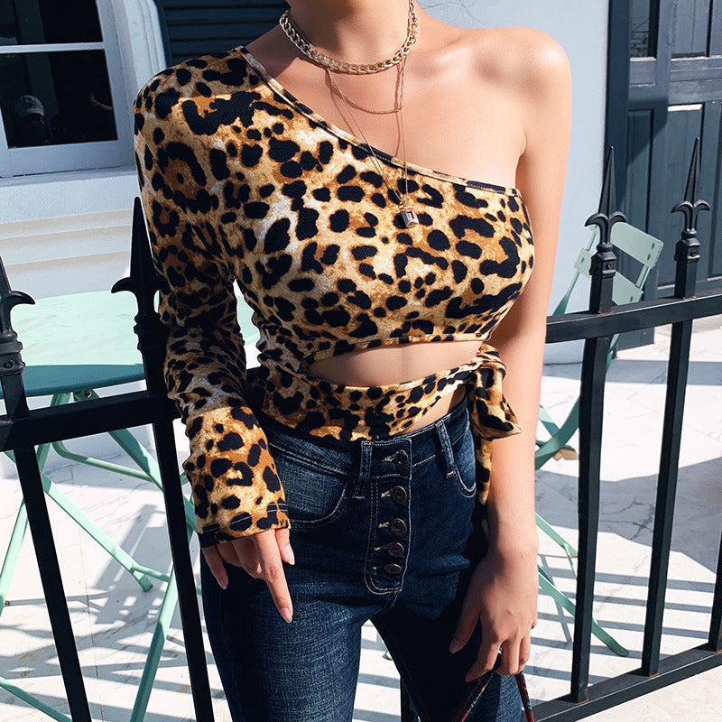 Leopard Print Long-sleeved Navel Back Top