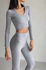 Slim Short Navel V-neck hooded Two-Piece Set