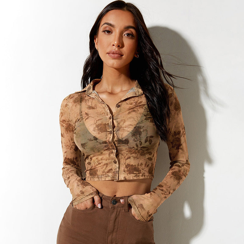 Printed Sexy See-through Long-sleeved Top Shirt