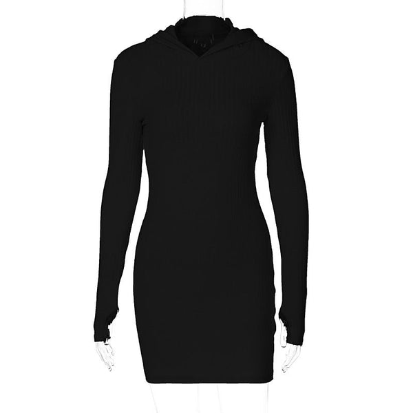 Knit Hooded Long Sleeve Slim Hip Dress