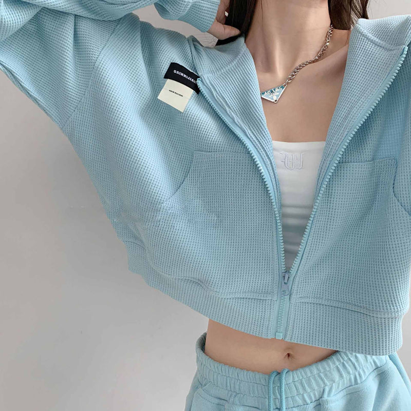 Long Sleeve Waffle Loose Hooded Sweatshirt