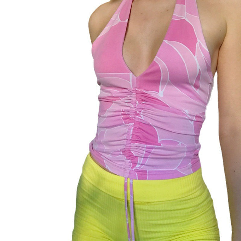 Smocked Abstract Print Cropped Sleeveless Open-back Tank Top