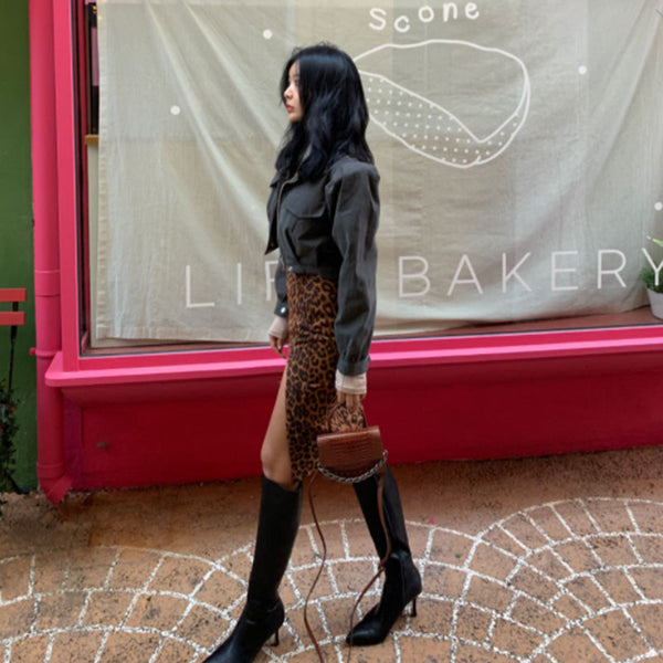 High Waist Split Leopard Print Skirt