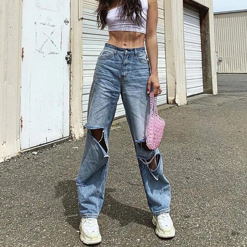 American Ripped High Waist Wide Leg Jeans