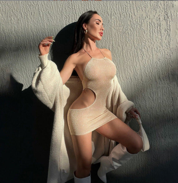 Halter Waist Cutout Glitter Dress