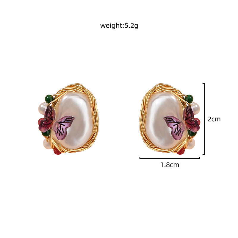 Pure Hand-made Copper Wire-wound Pearl Butterfly Earrings