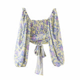 Vintage Floral Lantern Sleeve V-Neck Top