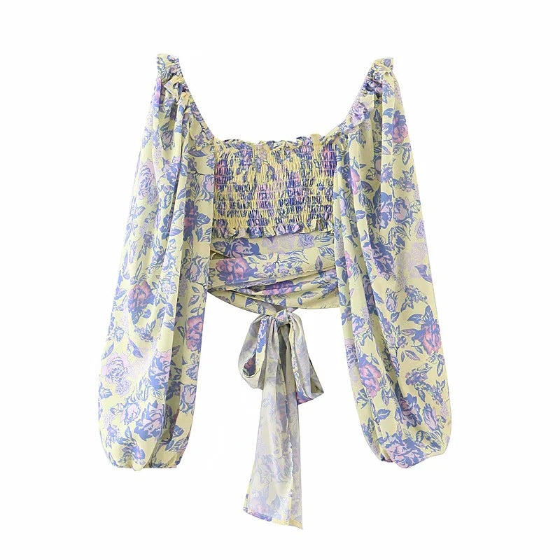 Vintage Floral Lantern Sleeve V-Neck Top