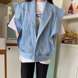 Retro Niche Lapel Ruffled Blue Denim Waistcoat