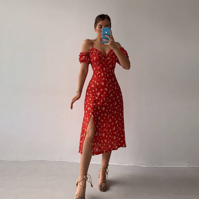 Sexy V-neck Fungus Edge Tube Midi Dress