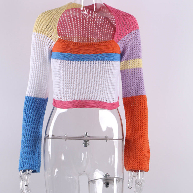 Contrasting Color Square Neck Long Sleeve Sweater