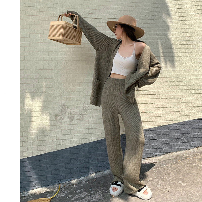 Knit Sweater & Straight Wide Leg Trousers Two peices