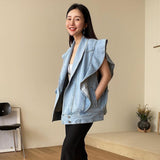 Retro Niche Lapel Ruffled Blue Denim Waistcoat