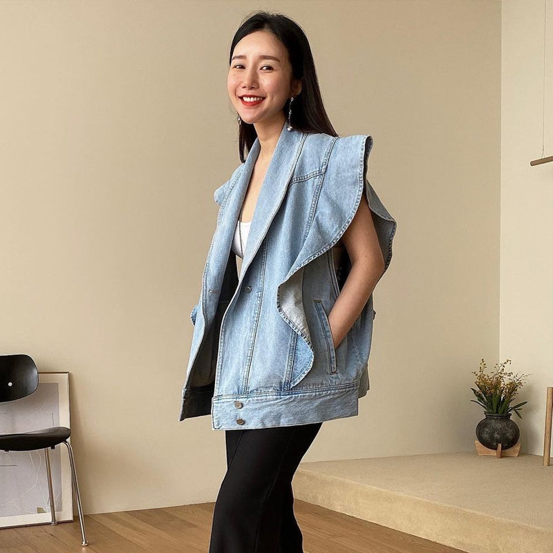 Retro Niche Lapel Ruffled Blue Denim Waistcoat
