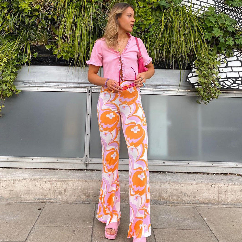 Flower Print Contrast Pants