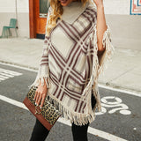 Women's Knitted Checkered Lapel Cape Shawl Coat