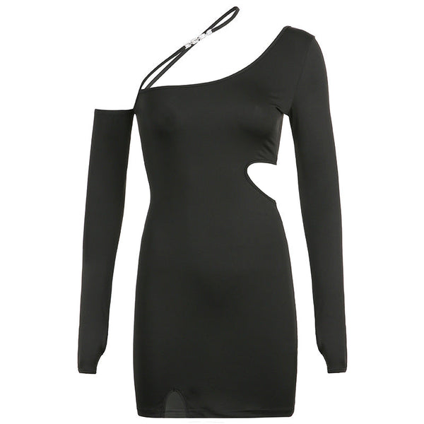 Irregular Slanted Shoulder Slit Long Sleeve Dress