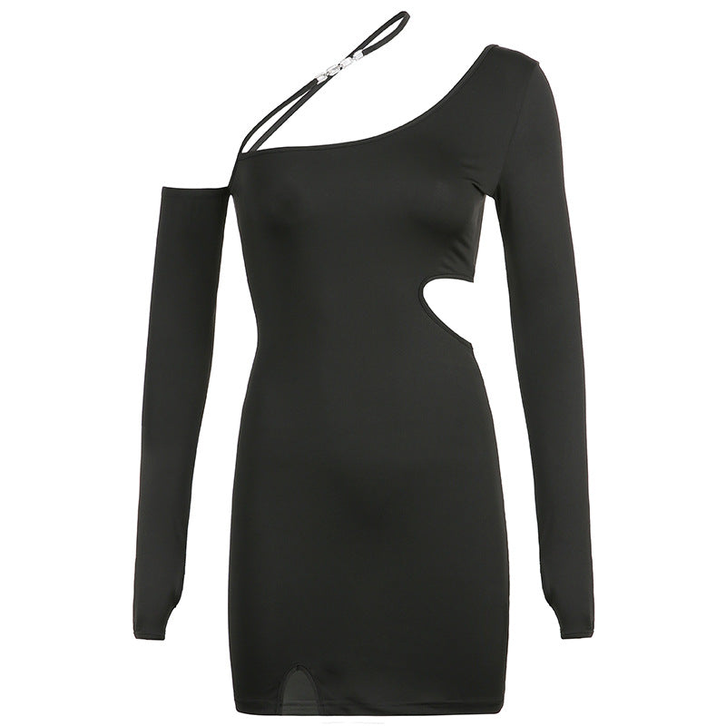 Irregular Slanted Shoulder Slit Long Sleeve Dress