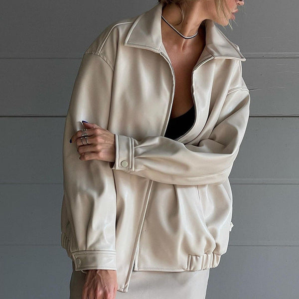 Leather Solid Color Windbreaker Zipper Loose Coat