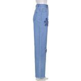 Floral Pattern Stitching Loose Straight-leg Jeans