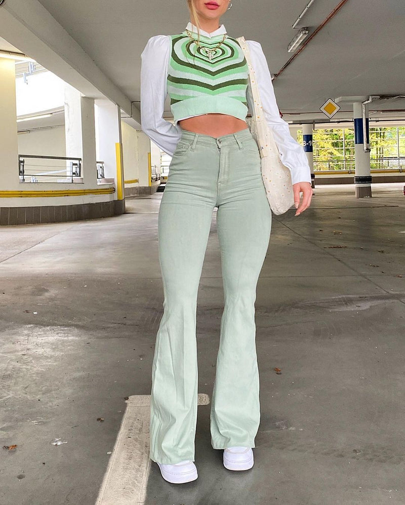 Simple Green Flared Slim Trousers