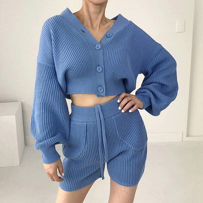 V-neck Knitted Cardigan High Waist Casual Shorts Suit