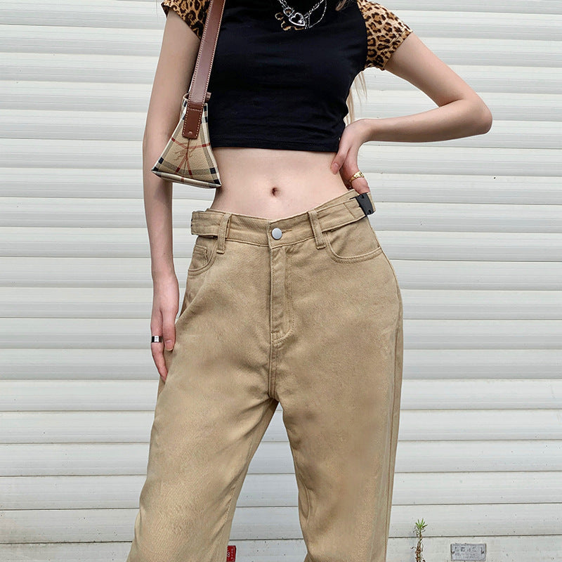 Khaki High-waist Straight-leg Casual Trousers