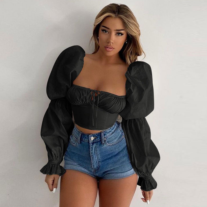 Sexy Solid Color Flared Sleeves Top