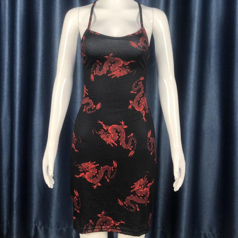 Cutout Back Wrap Chest Print Slim Dress