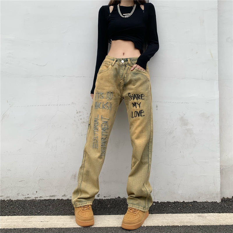 High Waist Slim Straight Loose Splash Jeans