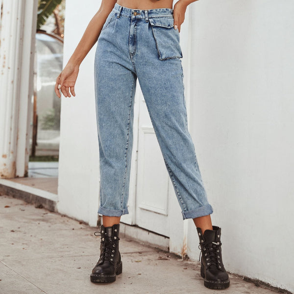 High Waist Tooling Patch Pocket Denim Trousers