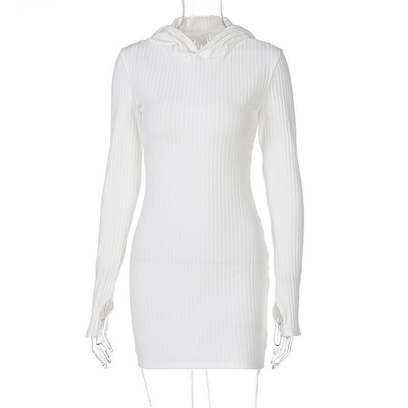 Knit Hooded Long Sleeve Slim Hip Dress