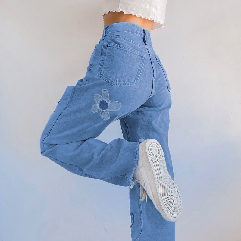 Floral Pattern Stitching Loose Straight-leg Jeans