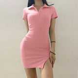 Fashionable Polo Collar Knitted Split Dress