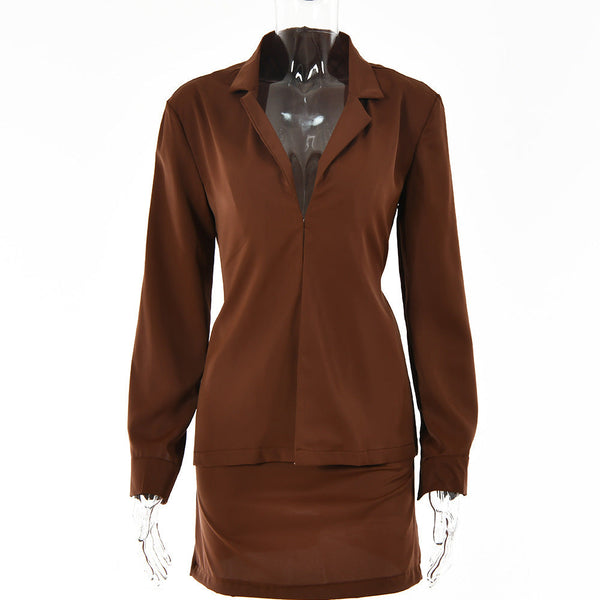 Buttoned Blouse High Waist Skirt Two Piece