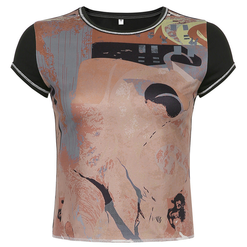 Contrast Printed Tight-fitting Short-sleeved T-shirt