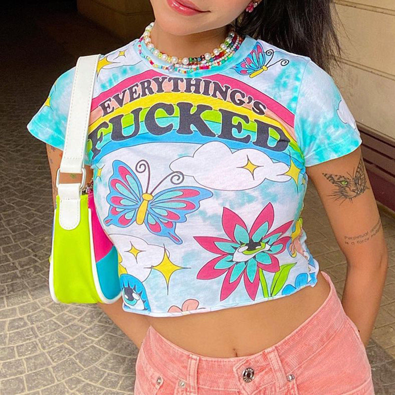 Print Crew Neck Slim Fit Cropped Navel T-shirt