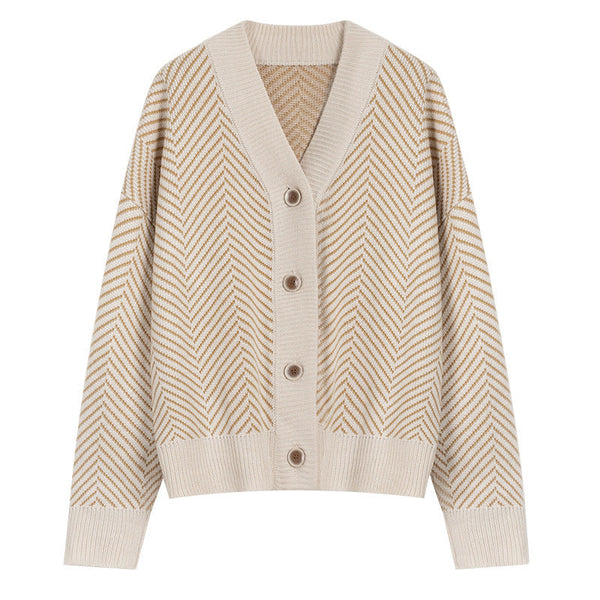 V Neck Diamond Striped Style Cardigan