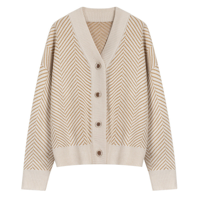 V Neck Diamond Striped Style Cardigan
