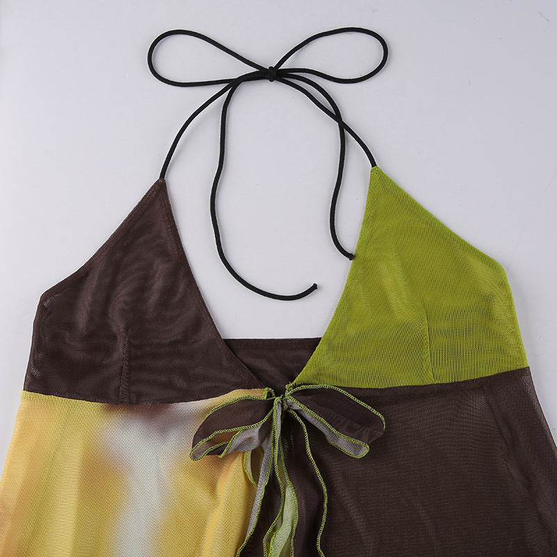 90s Aesthetics Fairy Tie Dye Patchwork Slit Mesh Tank Top