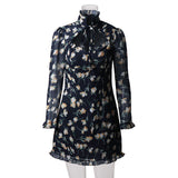 Floral Wood Ear High-Neck Tie Low-Cut Dress