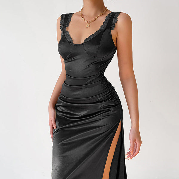 Lace-paneled Lace Slit Slip Dress