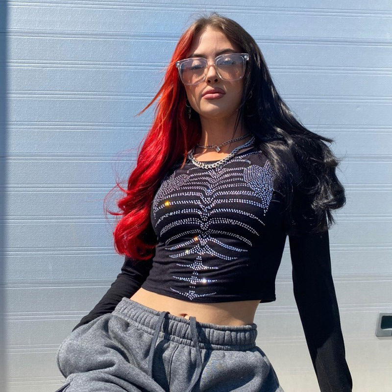 Y2K  Vintage Gothic Rhinestone Long Sleeve Ladies T-Shirt