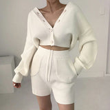 V-neck Knitted Cardigan High Waist Casual Shorts Suit