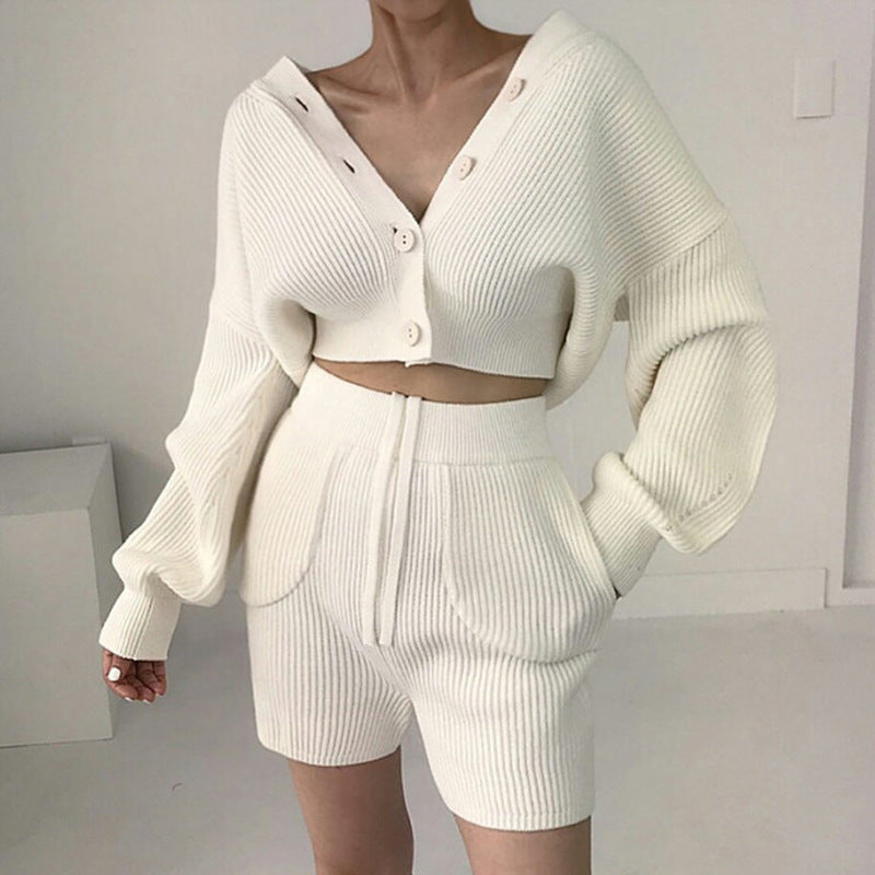 V-neck Knitted Cardigan High Waist Casual Shorts Suit