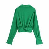 Long Sleeve Knotted Cropped Blouse