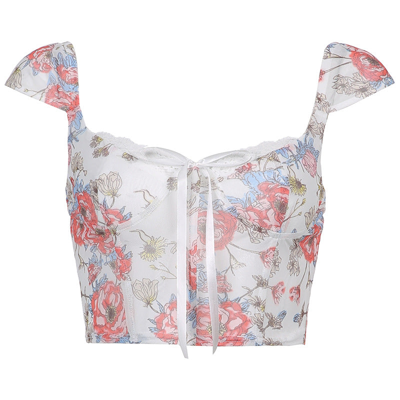Y2K Cute Floral Print Cropped Tee