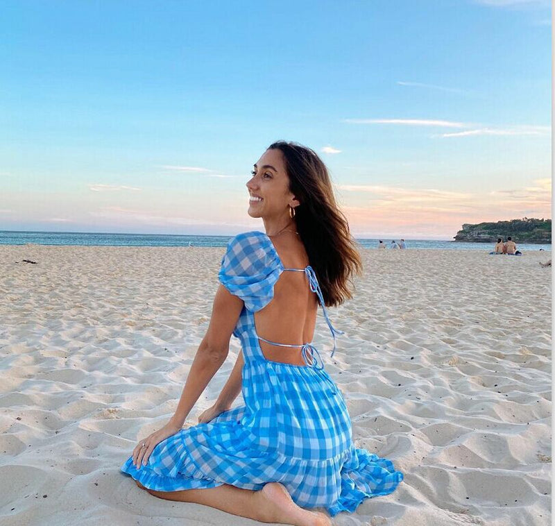 Short Puff Sleeves Lace-Up Dress