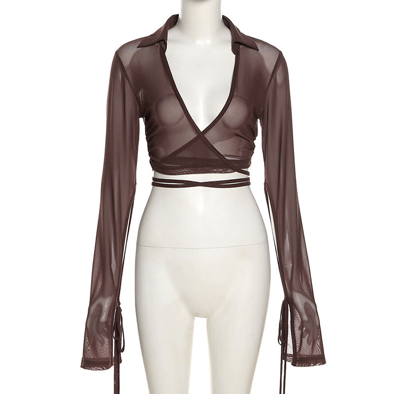 Long Sleeve V-Neck Gauze Sheer Crop T-Shirt