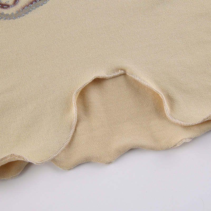 Khaki Fungus Trim Irregular Hem V-Neck Long Sleeve Top